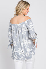 Grey Floral Off Shoulder 3/4 Tie Sleeve Top