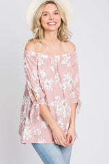 Pink Floral Off Shoulder 3/4 Tie Sleeve Top