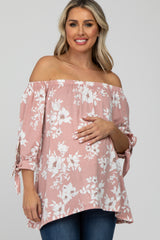 Pink Floral Off Shoulder 3/4 Tie Sleeve Maternity Top