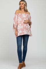 Pink Floral Off Shoulder 3/4 Tie Sleeve Maternity Top