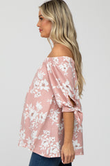 Pink Floral Off Shoulder 3/4 Tie Sleeve Maternity Top