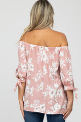 Pink Floral Off Shoulder 3/4 Tie Sleeve Maternity Top