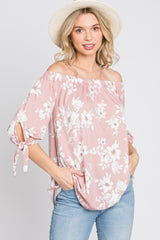 Pink Floral Off Shoulder 3/4 Tie Sleeve Top