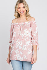 Pink Floral Off Shoulder 3/4 Tie Sleeve Top