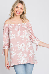 Pink Floral Off Shoulder 3/4 Tie Sleeve Top