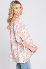 Pink Floral Off Shoulder 3/4 Tie Sleeve Top