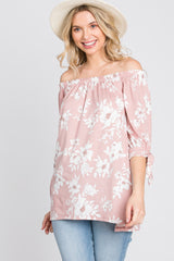 Pink Floral Off Shoulder 3/4 Tie Sleeve Top