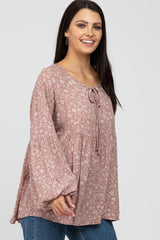 Mauve Floral Print Babydoll Long Sleeve Top