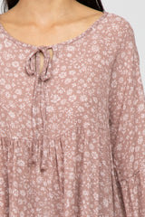 Mauve Floral Print Babydoll Long Sleeve Top