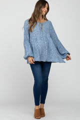 Blue Floral Print Babydoll Long Sleeve Maternity Top