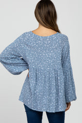 Blue Floral Print Babydoll Long Sleeve Maternity Top