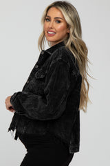 Black Corduroy Distressed Hem Cropped Maternity Jacket