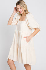 Cream Striped Square Neck Puff Sleeve Dress