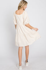 Cream Striped Square Neck Puff Sleeve Dress