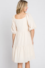 Cream Striped Square Neck Puff Sleeve Dress