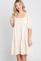 Cream Striped Square Neck Puff Sleeve Dress