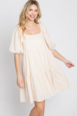 Cream Striped Square Neck Puff Sleeve Dress