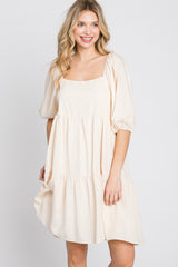 Cream Striped Square Neck Puff Sleeve Dress