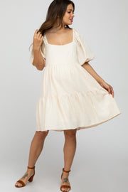 Cream Striped Square Neck Puff Sleeve Maternity Dress