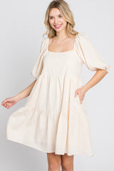 Cream Striped Square Neck Puff Sleeve Dress