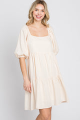 Cream Striped Square Neck Puff Sleeve Dress