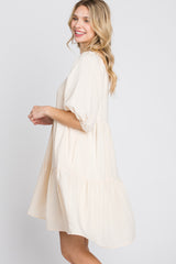 Cream Striped Square Neck Puff Sleeve Dress