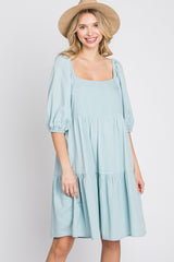 Light Blue Striped Square Neck Puff Sleeve Dress