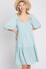 Light Blue Striped Square Neck Puff Sleeve Dress