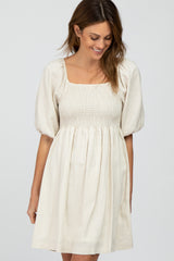 Cream Linen Square Neck Smocked Top Maternity Dress