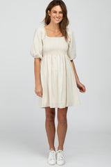 Cream Linen Square Neck Smocked Top Dress