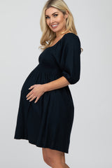 Navy Blue Linen Square Neck Smocked Top Maternity Dress