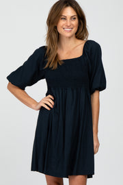 Navy Blue Linen Square Neck Smocked Top Dress