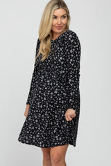 Black Floral Ribbed Long Sleeve Maternity Dress