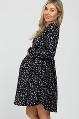 Black Floral Ribbed Long Sleeve Maternity Dress