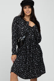 Black Floral Ribbed Long Sleeve Dress