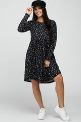 Black Floral Ribbed Long Sleeve Dress