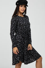 Black Floral Ribbed Long Sleeve Dress