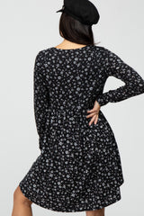 Black Floral Ribbed Long Sleeve Dress