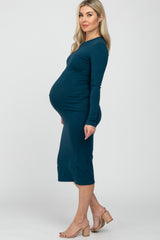 Teal Basic Fitted Maternity Midi Dress