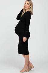 Black Basic Fitted Maternity Midi Dress