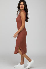 Rust Striped Ribbed Sleeveless Midi Dress