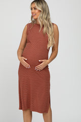 Rust Striped Ribbed Sleeveless Maternity Midi Dress