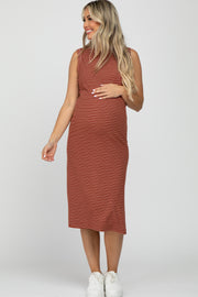 Rust Striped Ribbed Sleeveless Maternity Midi Dress