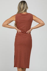 Rust Striped Ribbed Sleeveless Maternity Midi Dress