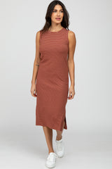 Rust Striped Ribbed Sleeveless Maternity Midi Dress