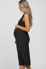 Black Striped Ribbed Sleeveless Maternity Midi Dress