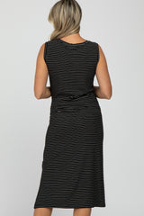 Black Striped Ribbed Sleeveless Maternity Midi Dress