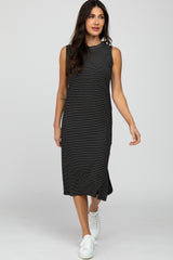 Black Striped Ribbed Sleeveless Midi Dress