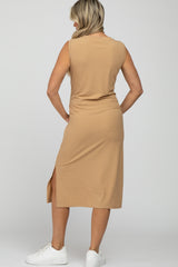 Camel Striped Ribbed Sleeveless Maternity Midi Dress