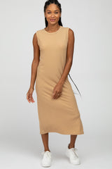 Camel Striped Ribbed Sleeveless Midi Dress